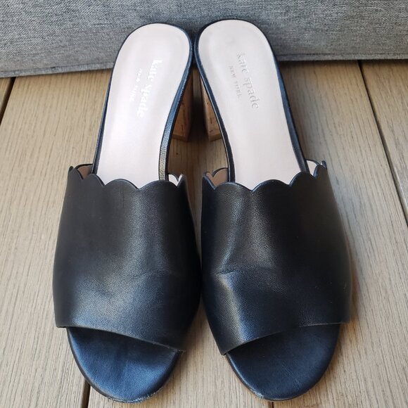 EUC kate spade New York jet black leather scalloped block heel slides (7.5) mule - Picture 10 of 10